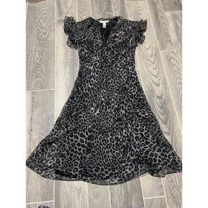DvF Dress Silk 8 Leopard Print Black Gray Ruffles Kasper Diane von Furstenberg